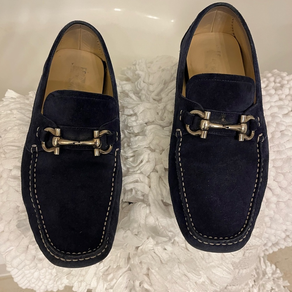 Farragamo Men's Navy Suede Loafers